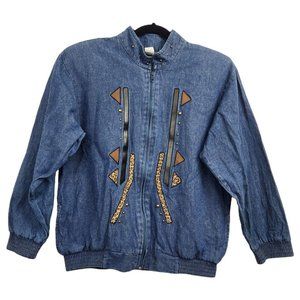 Denim Jacket Vtg Womens Sz S Faux Leather & Animal Print Applique Studs Zip Up